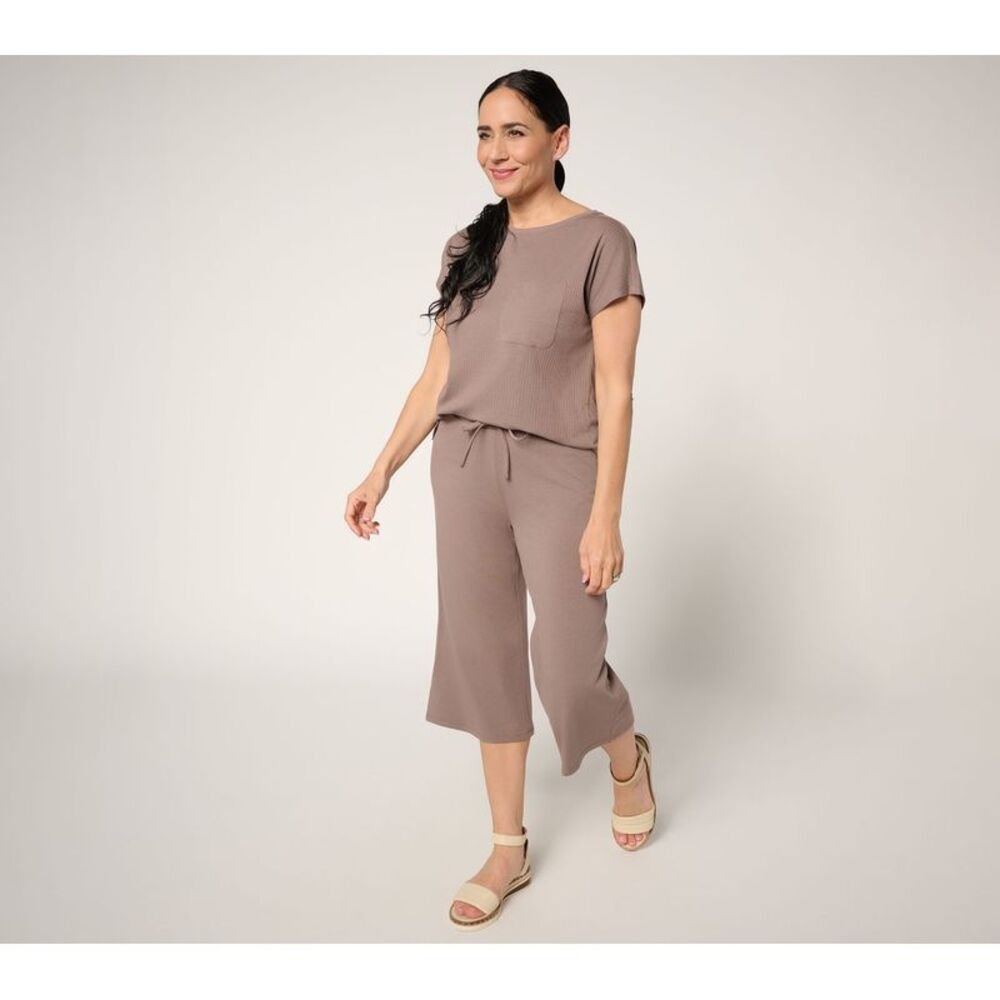 Anybody Women's Petite Set PL Cozy Knit Top Wide Leg Capri Brown